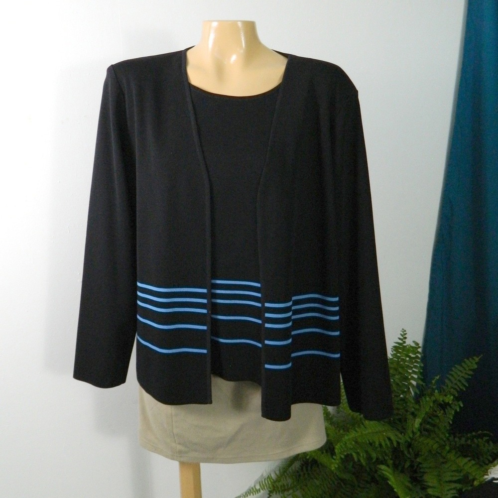 misook Knit Twin Set Women Med Black Blue Striped Cardigan Shell 2pc Marie Gray